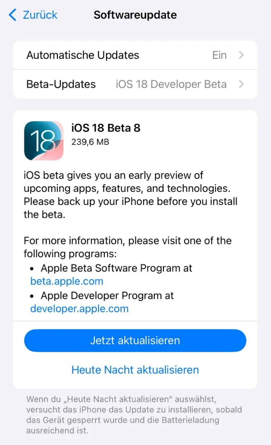 正宁苹果手机维修分享苹果 iOS / iPadOS 18 开发者预览版 Beta 8 发布 